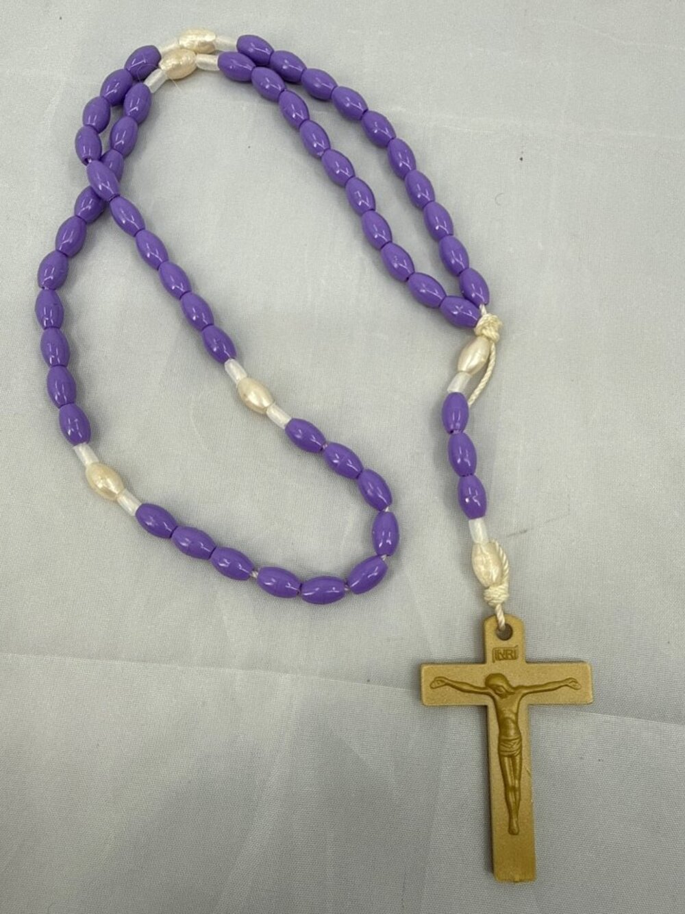 Vintage Purple Plastic Bead Corded Rosary INRI Catholic Prayer Necklace